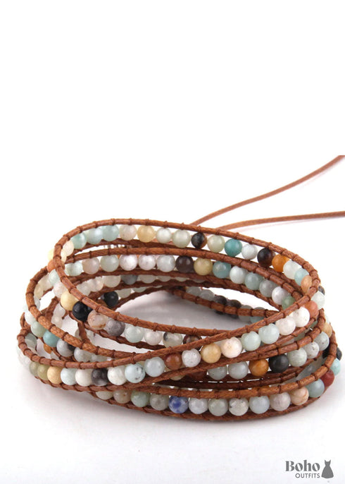 Pulsera Boho, RH, Pulsera de Cuero de 5 Capas, Piedras Naturales de 4 mm, Azul, Blanco y Negro